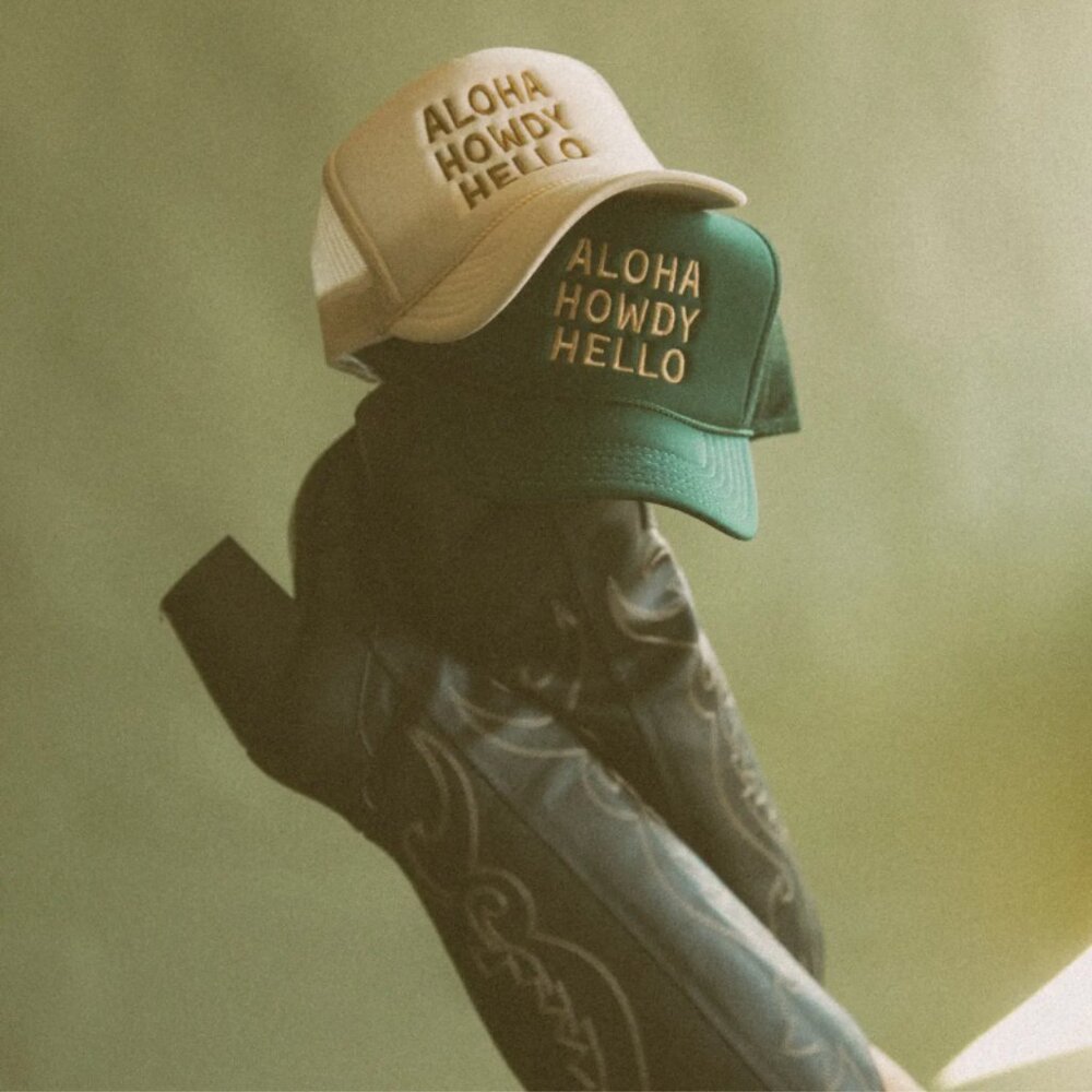 Aloha Howdy Hello Trucker Hats -  Tan